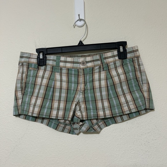 Hollister Pants - Y2K Hollister Low Rise Plaid Micro Mini Shorts Green Beige Size 3 Vintage 2000s